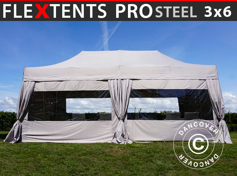 Gazebo pieghevole FleXtents PRO Steel 3x6m Latte, incl. 6 fianchi & tendaggi decorativi