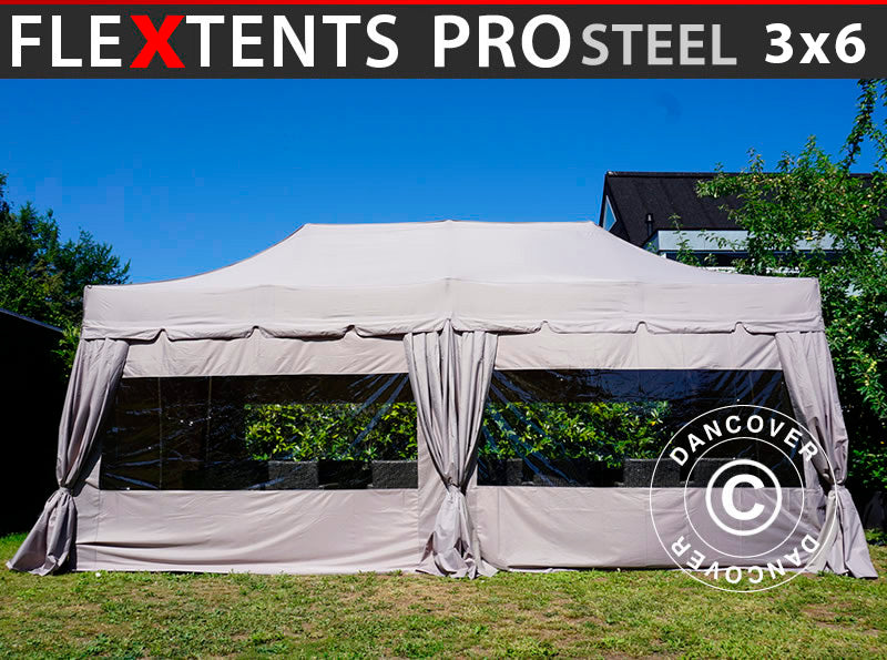 Tente pliante FleXtents PRO Steel "Peaked" 3x6m Latte, incl. 6 parois latérales et 6 rideaux décoratifs