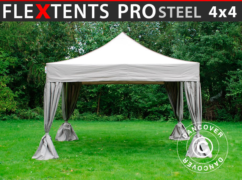 Gazebo pieghevole FleXtents PRO Steel 4x4m Latte, incl. 4 tendaggi decorativi