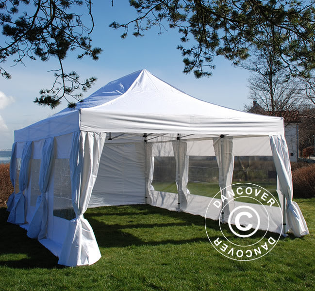 Tente Pliante FleXtents PRO Steel 4x6m Blanc, avec 8 cotés & rideaux décoratifs