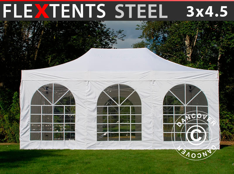 Tente pliante FleXtents Steel 3x4,5m, Blanc, avec 4 cotés