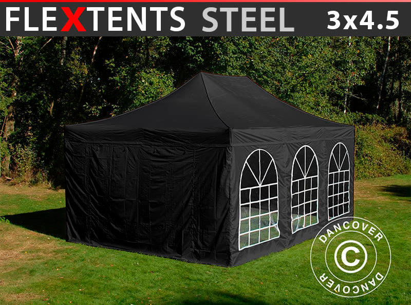 Tente pliante FleXtents Steel 3x4,5m, Noir, avec 4 cotés