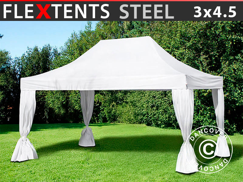 Tente pliante FleXtents Steel 3x4,5m, Blanc, incl. 4 rideaux decoratifs