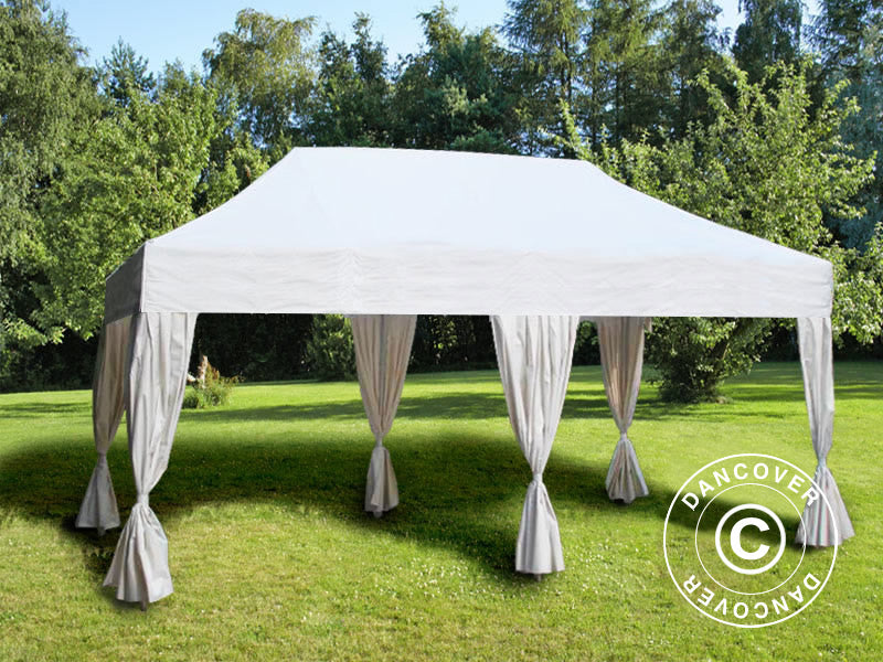 Gazebo pieghevole FleXtents Steel 3x6m Bianco, incl. 6 tendaggi decorativi