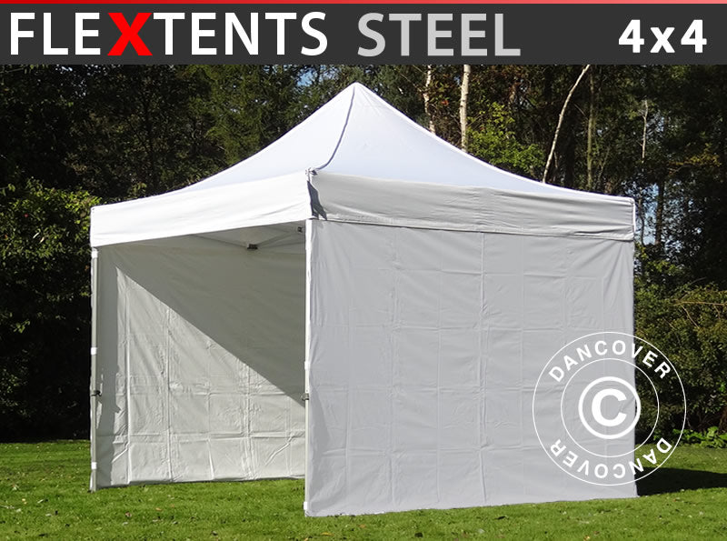 Faltzelt FleXtents Steel 4x4m Weiß, mit 4 Seitenwänden
