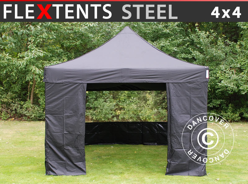 Gazebo pieghevole FleXtents Steel 4x4m Nero, incl. 4 fianchi