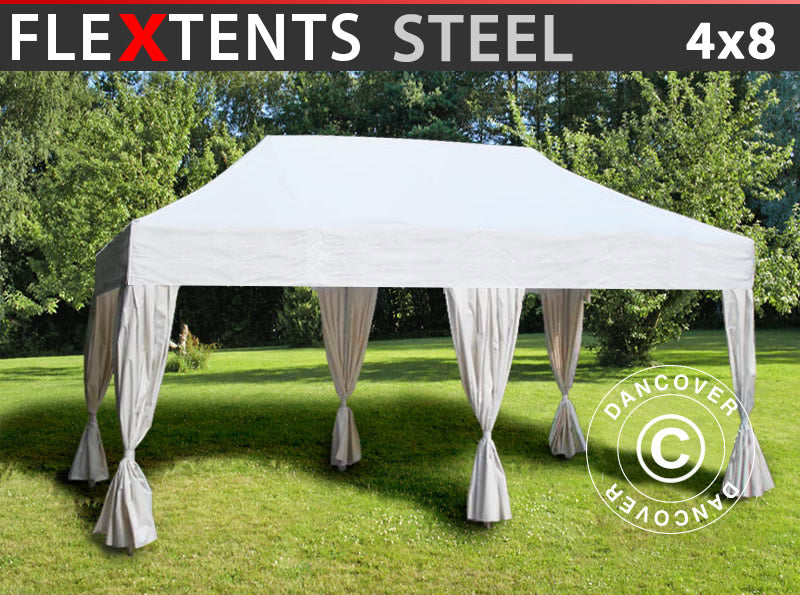 Gazebo pieghevole FleXtents Steel 4x8m Bianco, incl. 6 tendaggi decorativi