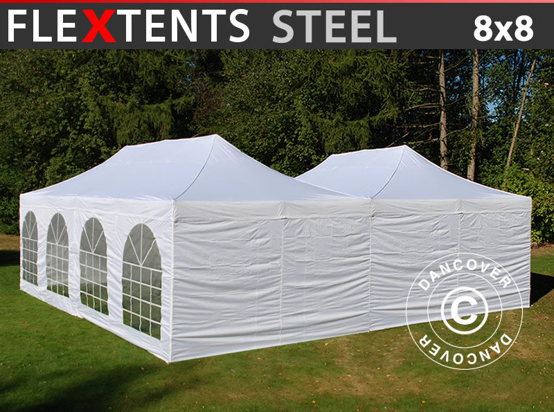 Gazebo pieghevole FleXtents Steel 8x8m Bianco, incl. 8 pareti laterali