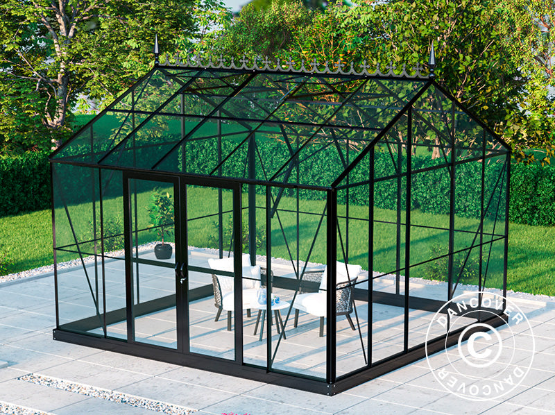 Orangerie, serre en verre 13,8m², 3,73x3,71x3,16m avec socle et crête ornementale, Noir