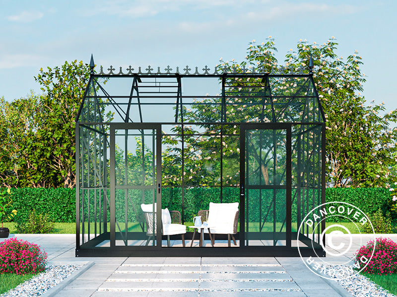 Orangerie, serre en verre 13,8m², 3,73x3,71x3,16m avec socle et crête ornementale, Noir