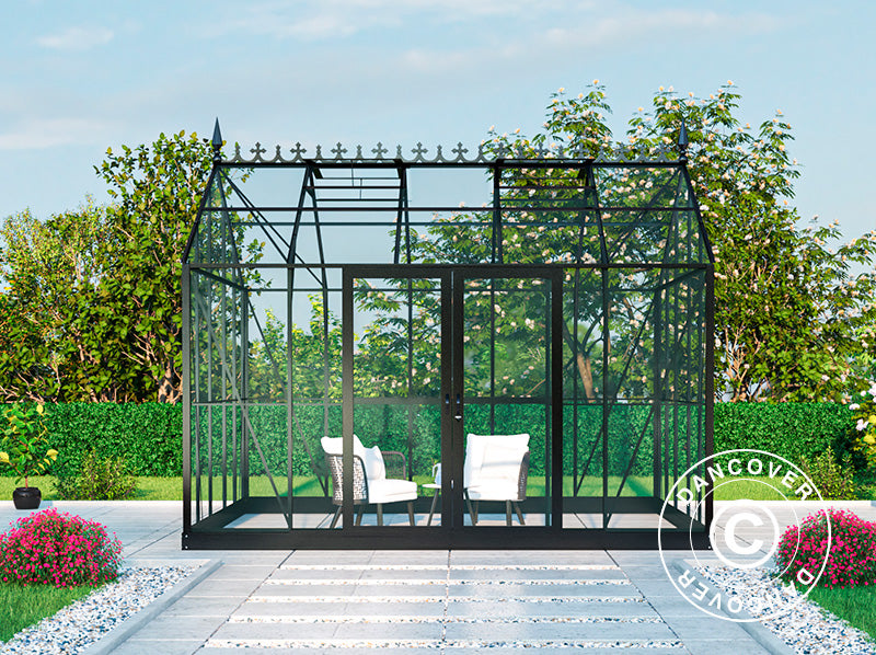 Orangerie, serre en verre 13,8m², 3,73x3,71x3,16m avec socle et crête ornementale, Noir
