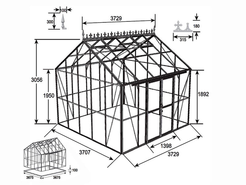 Orangerie, serre en verre 13,8m², 3,73x3,71x3,16m avec socle et crête ornementale, Noir