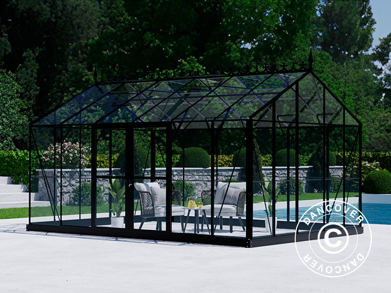 Serra Orangerie, serra in vetro 16,5m², 4,45x3,71x3,16m con base e cresta vittoriana, Nero