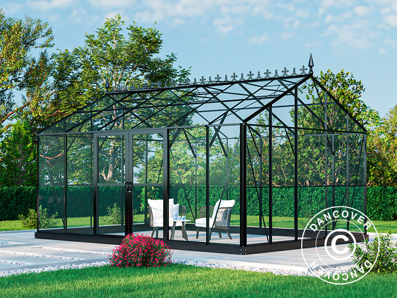 Serra Orangerie, serra in vetro 16,5m², 4,45x3,71x3,16m con base e cresta vittoriana, Nero