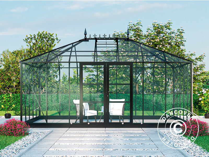 Serra orangerie, Serra in vetro 19m², 5,14x3,71x3,15m con base e cresta vittoriana, Nero