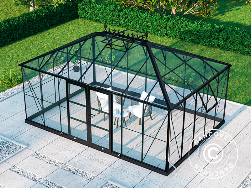 Serra orangerie, Serra in vetro 19m², 5,14x3,71x3,15m con base e cresta vittoriana, Nero