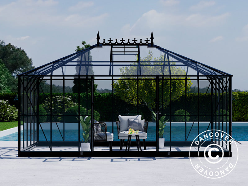 Serra orangerie, Serra in vetro 19m², 5,14x3,71x3,15m con base e cresta vittoriana, Nero