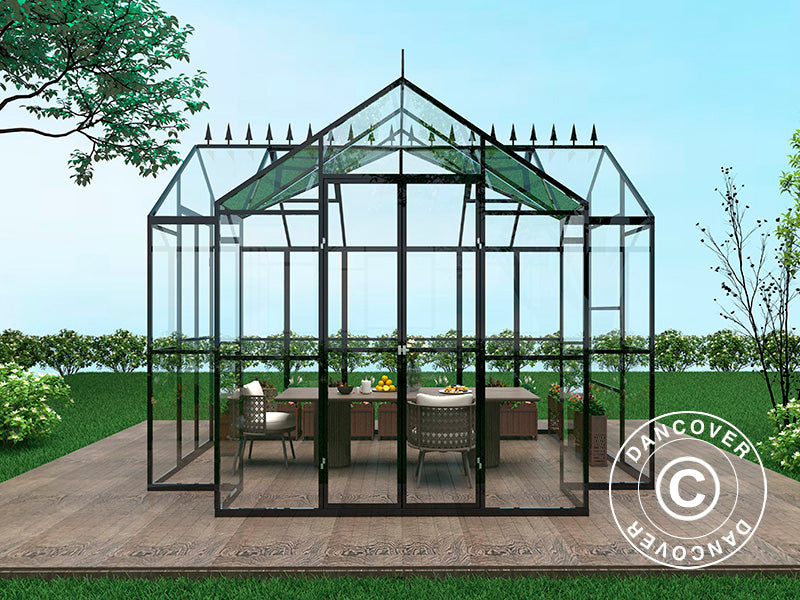 Serre orangerie en verre 10,37m², 3,7x3,04x2,8m avec base et crête, Noir