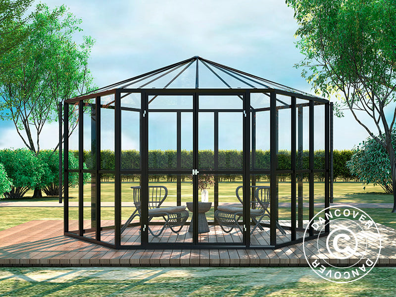 Serre orangerie hexagonale en verre 8,42m², 3,12x3,6x2,42m, Noir