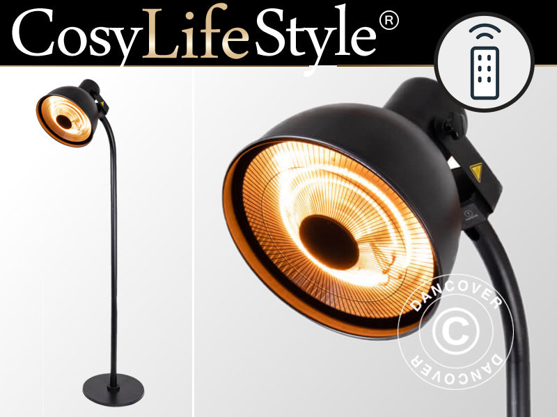 Chauffage de terrasse SENSUI sur pied avec télécommande, 2 lampes halogènes, 2000W, Noir