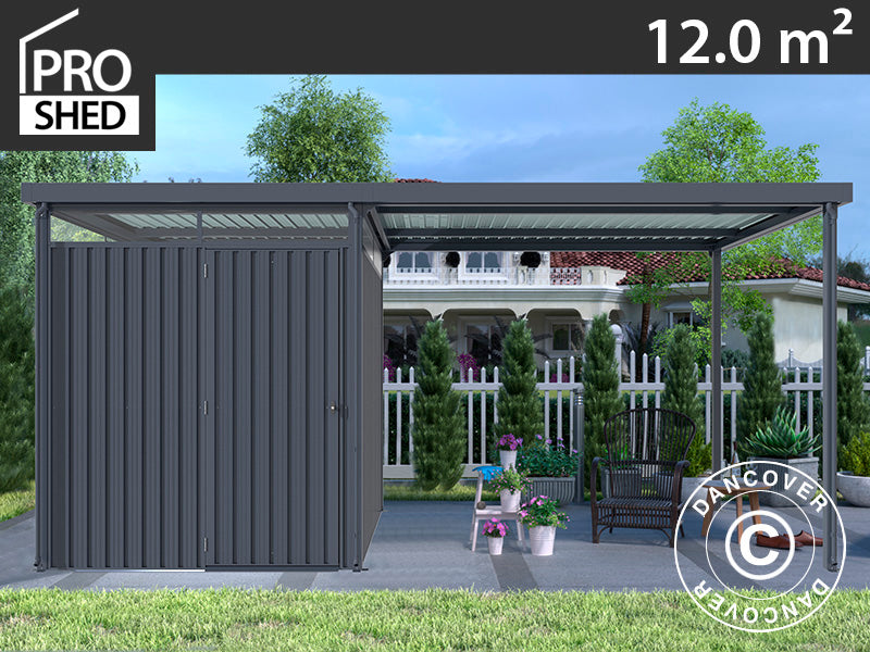 Geräteschuppen mit Dachfenster und Vordach, 4,9x2,45x2,26m, 12,0m², Anthrazit