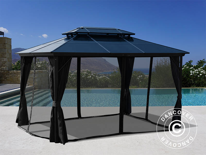 Gazebo Santa Ana Alu+ con tende e zanzariera, 3x4m, Nero