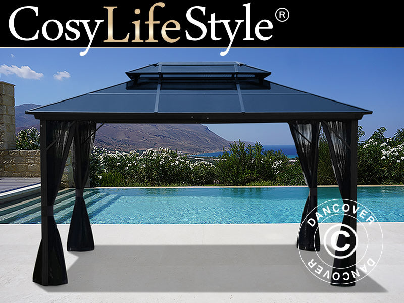 Gazebo Santa Ana Alu+ con tende e zanzariera, 3x4m, Nero