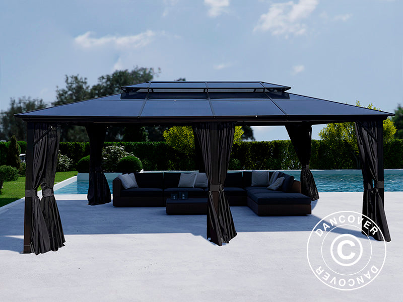 Gazebo Santa Ana Alu+ con tende e zanzariera, 3,65x6m, Nero