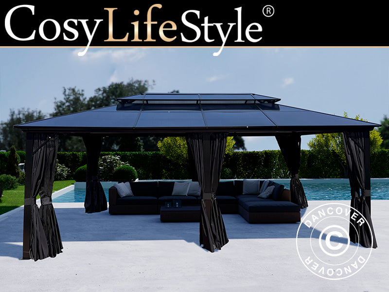 Gazebo Santa Ana Alu+ con tende e zanzariera, 3,65x6m, Nero