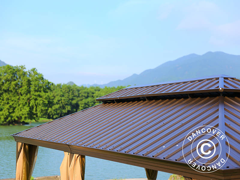Gazebo Santa Fe Alu+ con tende e zanzariera, 3,65x6m, Marrone