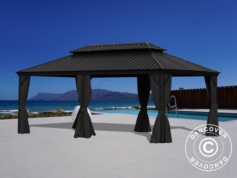 Gazebo Santa Fe Alu+ con tende e zanzariera, 3,65x6m, Nero