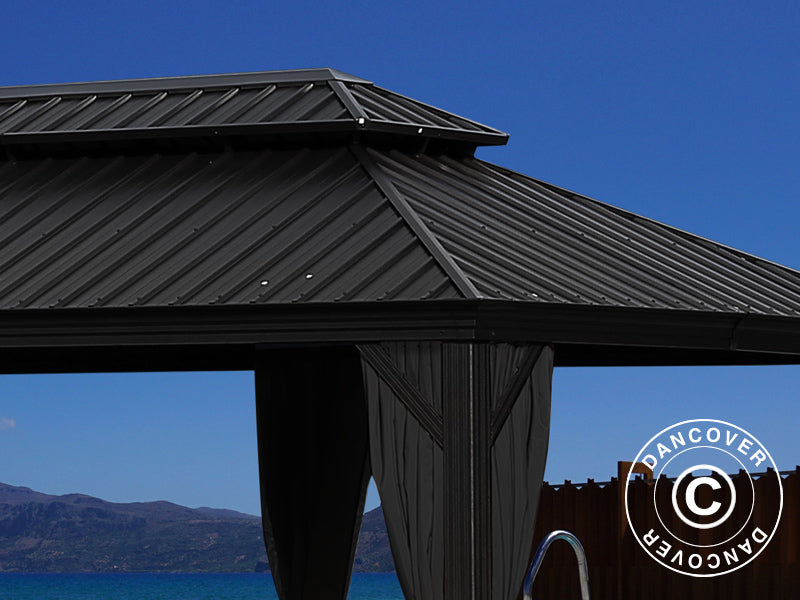 Gazebo Santa Fe Alu+ con tende e zanzariera, 3,65x6m, Nero