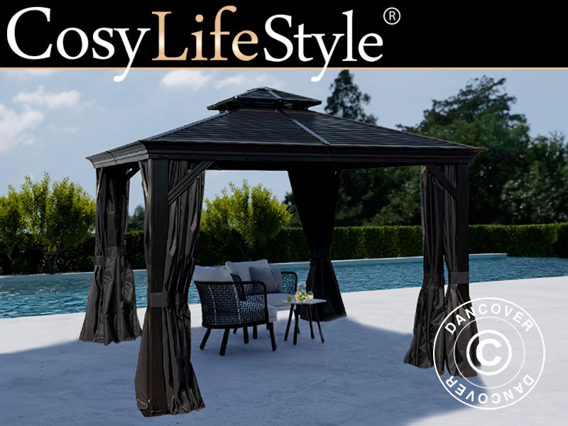 Gazebo San Bruno Alu+ con tende e zanzariera, 3x3m, Nero