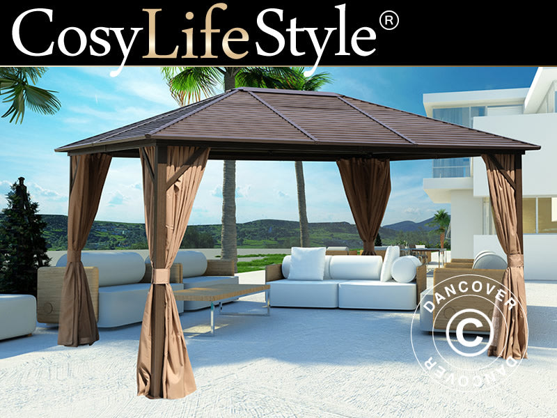 Gazebo San Luis Alu+ con tende e zanzariera, 3x4m, Marrone