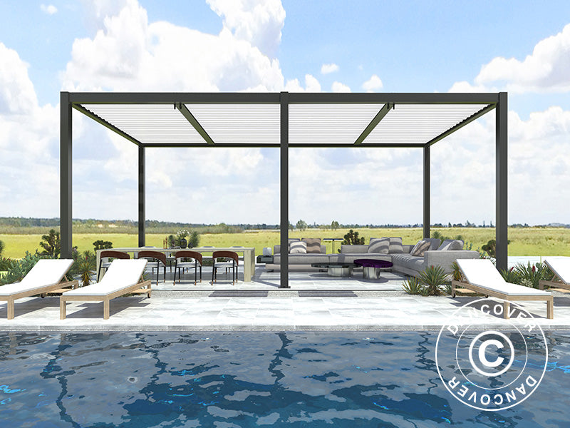 Gazebo pergola bioclimatico San Pablo Alu+, 3x5,8m, Nero/Bianco