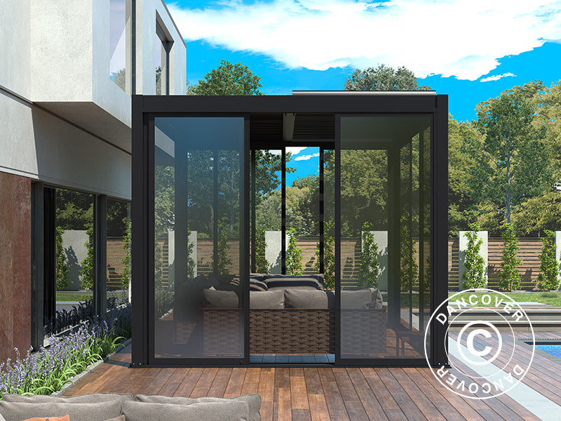 Pergola bioclimatique San Pablo Alu+ avec portes coulissantes, 3x4m, Noir