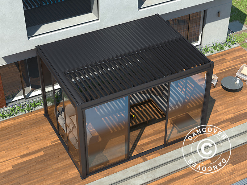Pergola bioclimatique San Pablo Alu+ avec portes coulissantes, 3x4m, Noir