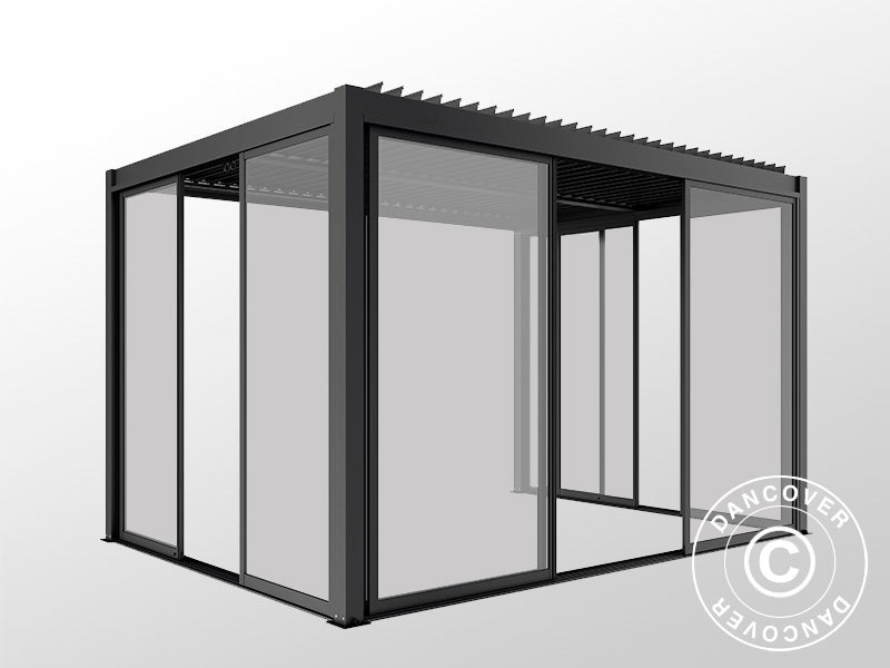 Pergola bioclimatique San Pablo Alu+ avec portes coulissantes, 3x4m, Noir