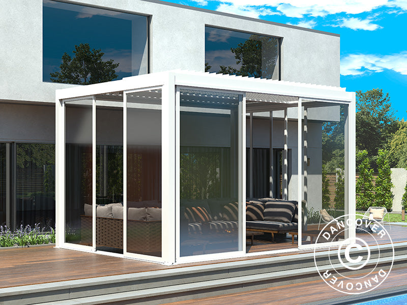 Bioklimatischer Pergola-Pavillon San Pablo Alu+ mit Schiebetüren, 3x4m, Weiß