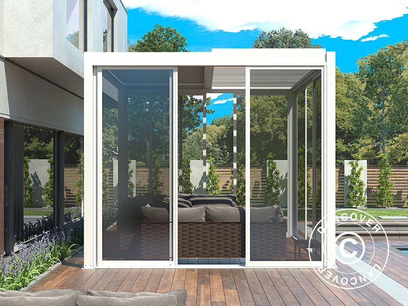 Pergola bioclimatique San Pablo Alu+ avec portes coulissantes, 3x4m, Blanc