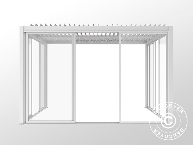 Pergola bioclimatique San Pablo Alu+ avec portes coulissantes, 3x4m, Blanc