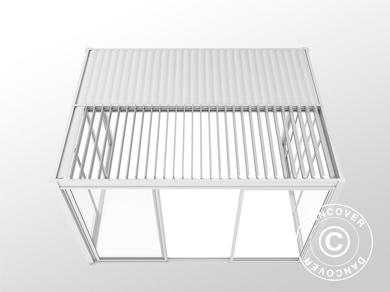 Pergola bioclimatique San Pablo Alu+ avec portes coulissantes, 3x4m, Blanc