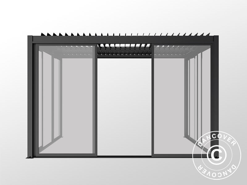 Pergola bioclimatique San Pablo Alu+ avec portes coulissantes, 4x4m, Noir