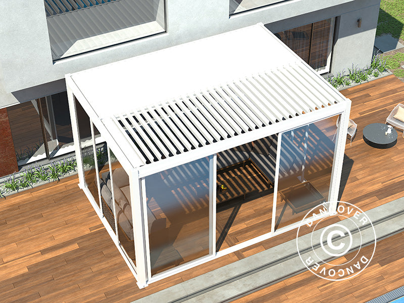 Pergola bioclimatique San Pablo Alu+ avec portes coulissantes, 4x4m, Blanc