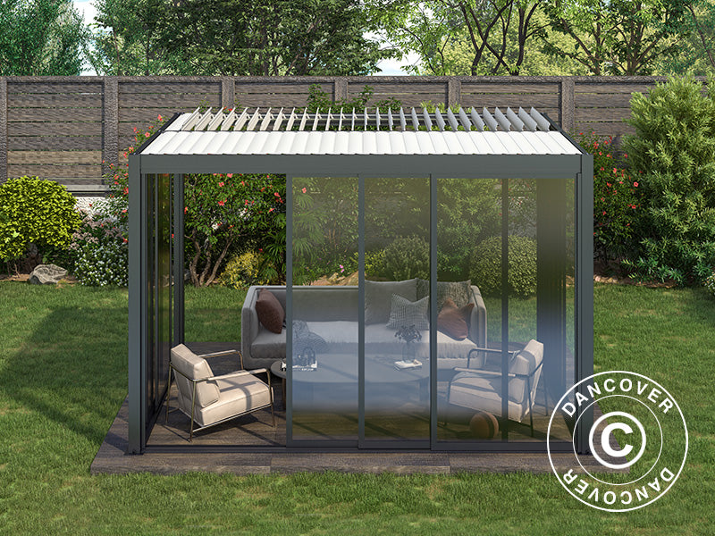 Gazebo pergolato bioclimatico San Pablo Alu+ con porte scorrevoli, 4x4m, Nero/Bianco