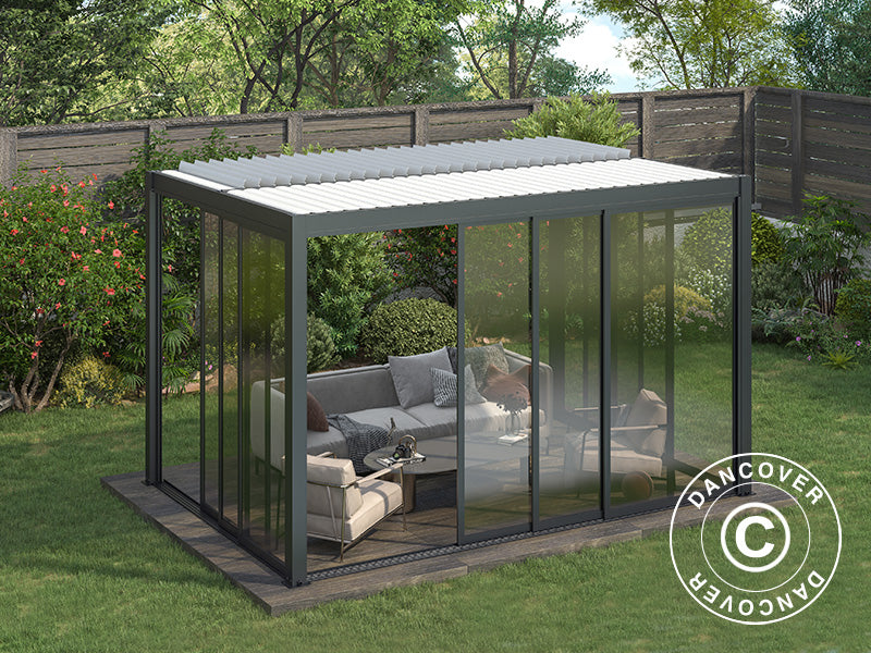 Gazebo pergolato bioclimatico San Pablo Alu+ con porte scorrevoli, 4x4m, Nero/Bianco