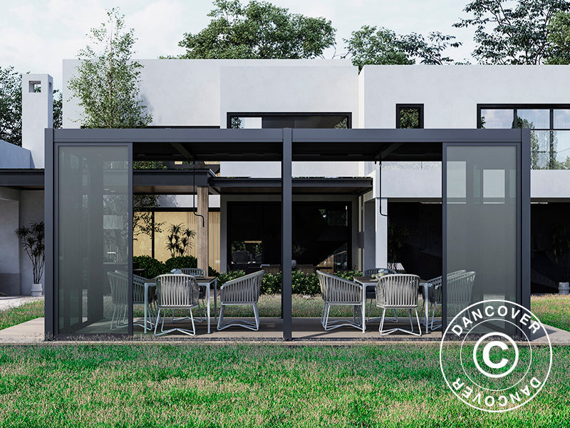 Pergola bioclimatique San Pablo Alu+ avec portes coulissantes, 3x5,8m, Noir