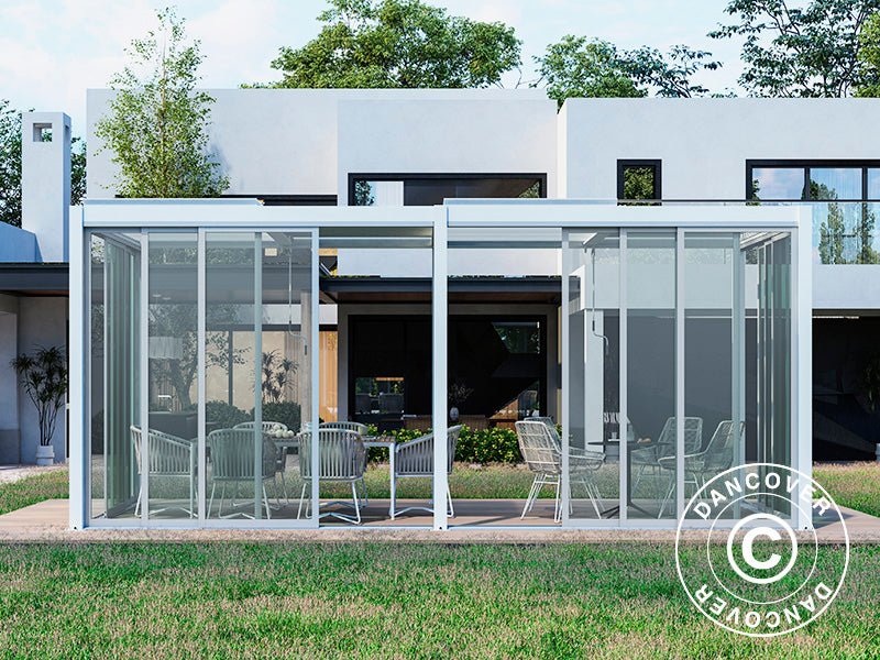 Gazebo pergola bioclimatico San Pablo Alu+ con porte scorrevoli, 3x5,8m, Bianco