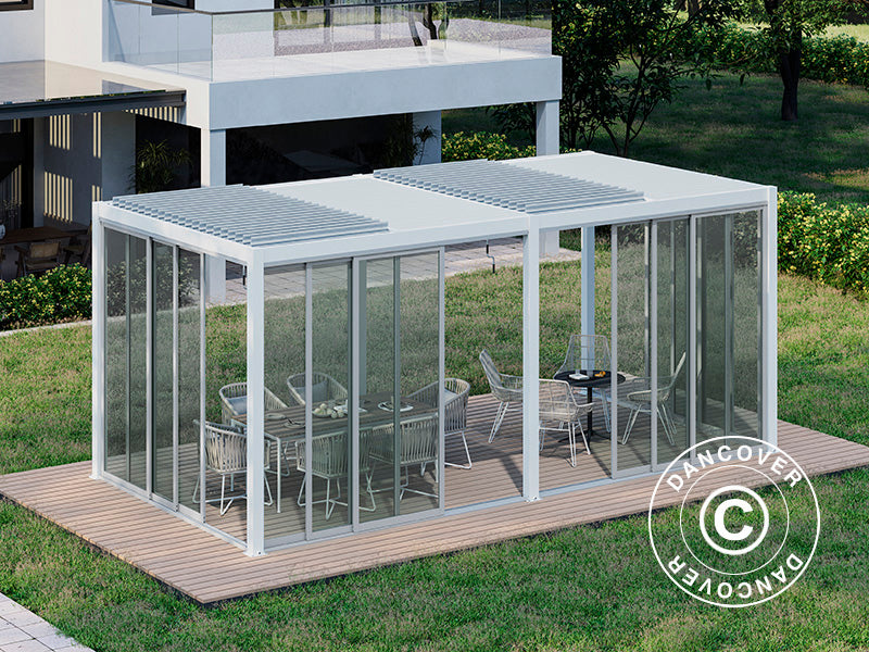 Gazebo pergola bioclimatico San Pablo Alu+ con porte scorrevoli, 3x5,8m, Bianco