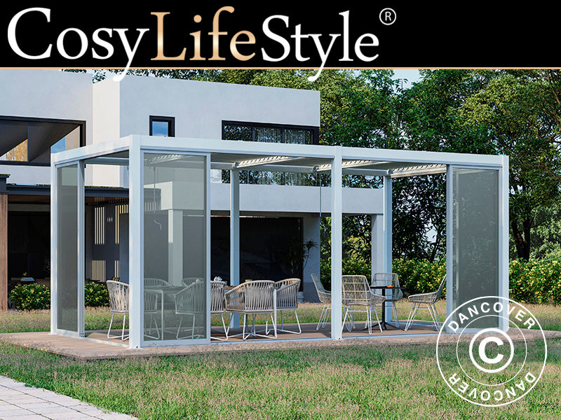 Bioklimatischer Pergola-Pavillon San Pablo Alu+ mit Schiebetüren, 3x5,8m, Weiß